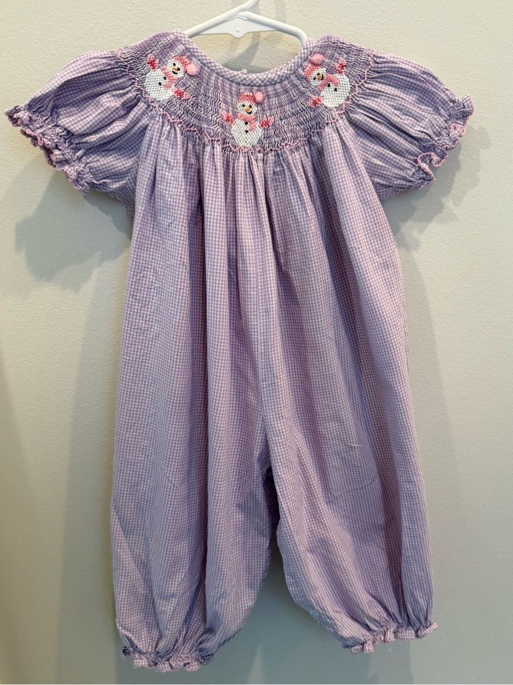 Classic Whimsy 12M Purple Gingham Smocked Snowman Romper